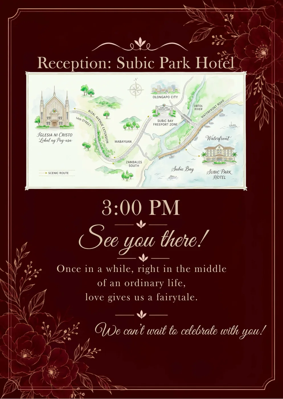 Invitation page 2: reception map and message