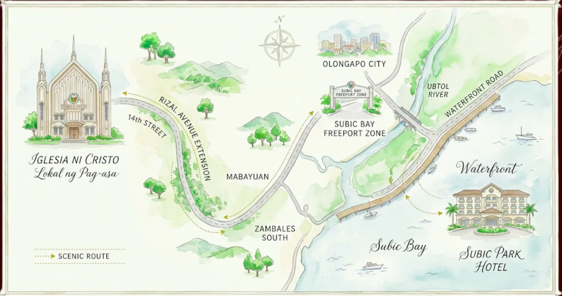 Illustrated map: from Iglesia ni Cristo Lokal ng Pag-asa via Rizal Avenue Extension and the Subic Bay Freeport Zone, along Waterfront Road to Subic Park Hotel